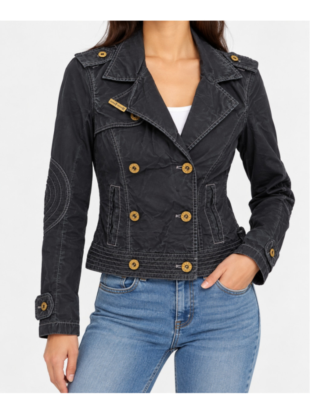 GUESS Jeans Women's Black Double Breasted Utility Jacket Windbreaker SMALL